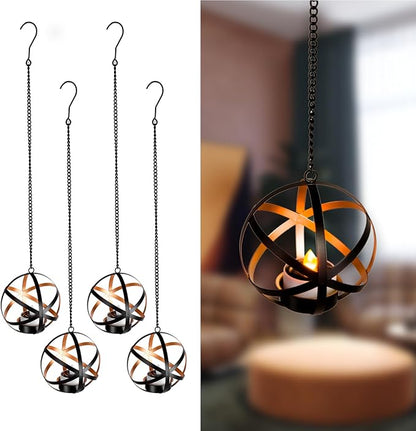 Solar Lanterns Outdoor Waterproof, 4 Pack Hanging Tea Lights with Candle Holder, Small Solar Chandelier for Trees, Patio, Backyard, Garden, Porch, Balcony Decorative (Armillary)
