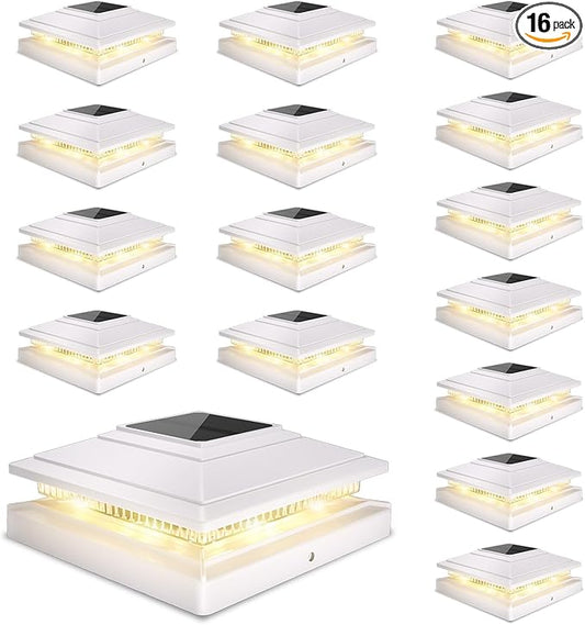 Solar Post Cap Lights Outdoor 16pack, Waterproof Fence Post Solar Lights for 4x4 5x5 6x6 Wood/Vinyl Posts, White Deck Post Lights with 2 Color Modes Decorate Garden Patio Porch Backyard