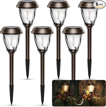 XMCOSY+ Solar Lights Pathway Outdoor - 2 LED Modes 10/25 LM Solar Powered Yard Garden Lighting, Waterproof IP65 Glass Stainless Steel Landscape Lights for Driveway Walkway Sidewalk Decor (Warm White)