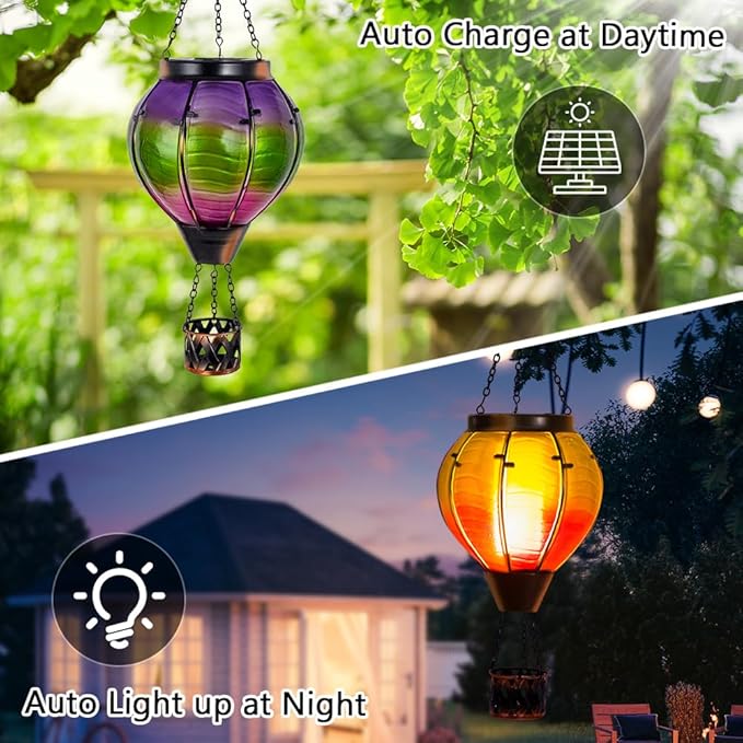 Hot Air Balloon Solar Lantern with Flickering Flame, Glass Outdoor Lantern Waterproof Hanging Lamp Decor for Patio, Porch, Garden(Green & Purple)