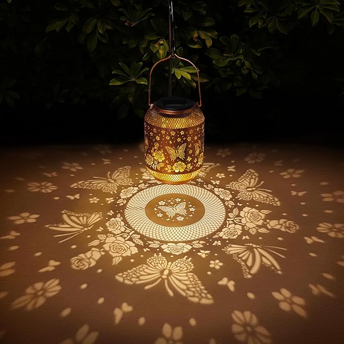 Butterfly Solar Lanterns Outdoor Waterproof Rose Garden Decor Gifts for Mom Women Grandma Metal Hanging Solar Lights Outdoor Decoration for Patio,Yard,Porch,Backyard