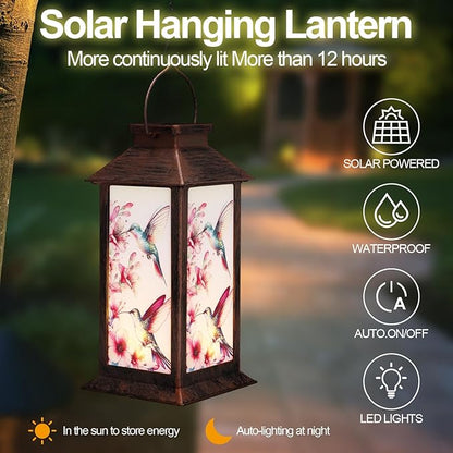 Outdoor Hanging Solar Lantern Waterproof Outside Hummingbird Pattern Landscape Lights for Porch Garden Yard Patio Pathway Decor Birthday Gifts for Women Mom Grandma