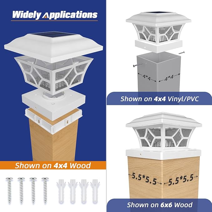 APONUO Solar Post Cap Lights 4 Pack with 1000mAh Battery - for 4x4 5x5 6x6 Fences, Larger Size & Longer Lasting, 2-Mode, IP64 Waterproof, for Deck Patio Yard (White)