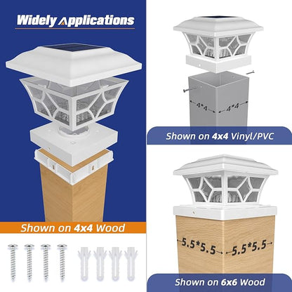 APONUO Solar Post Cap Lights 4 Pack with 1000mAh Battery - for 4x4 5x5 6x6 Fences, Larger Size & Longer Lasting, 2-Mode, IP64 Waterproof, for Deck Patio Yard (White)