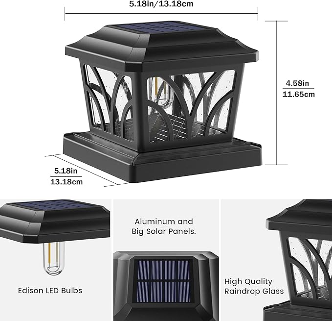 SIEDiNLAR Solar Post Cap Lights Outdoor, Aluminum Glass 2 Modes 20 Lumens Edison LED Bulbs for 4x4 5x5 6x6 Vinyl/Wooden Posts Fence Deck Patio Decor, Warm White/Cool White Lighting 1 Pack (Black)