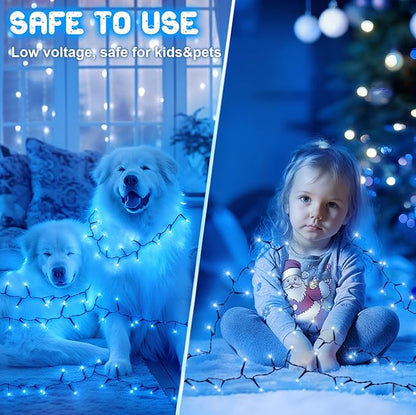 Blue Christmas Lights Outdoor Battery Operated String Lights Total 100LED 33Ft with Timer 8 Modes 16.4Ft*2 Waterproof Outdoor Indoor for Christmas Decor, Blue, 2-Pack