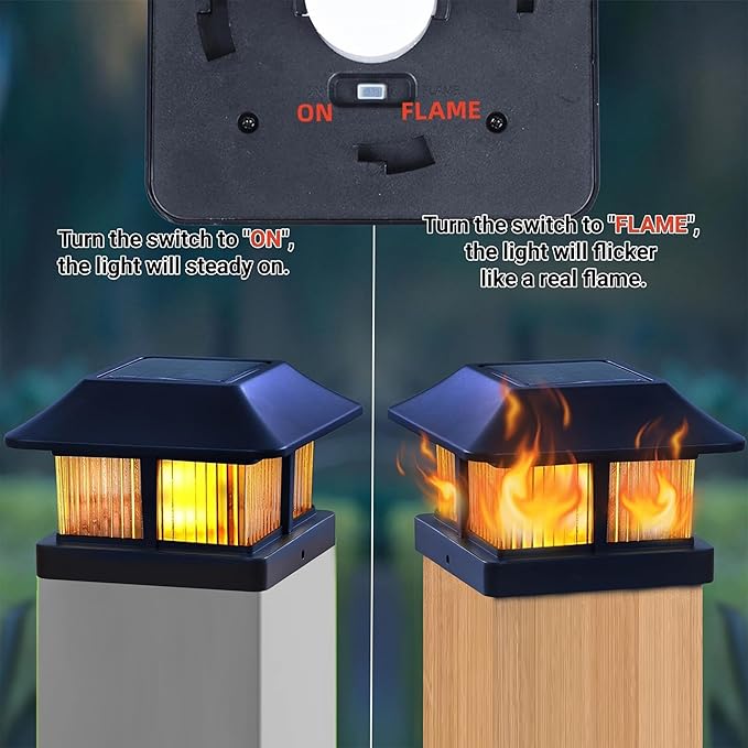Dynaming Solar Flame Post Cap Lights Outdoor, Solar Powered Fence Post Light, Flickering Flame LED Lantern Lamps Waterproof for Garden Deck Patio, Fit 4x4 Wooden/Vinyl Posts, 8 Pack