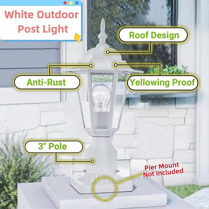 WISBEAM 2 Packs Outdoor Post Light, Pole Lantern, E26 Base 60W Max, Aluminum Housing Plus Glass, Wet Location Rated, ETL Qualified, Bulbs not Included, White
