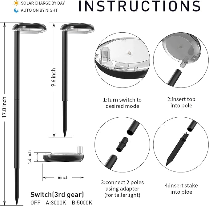 Solar Pathway Lights - Super Bright 300 Lumens with 2-in-1 Warm White & Daylight Color, Solar Path Lights for Pathway, Sidewalk, Driveway, Garden,Parterre etc,Landscape Lighting (6-Pack)