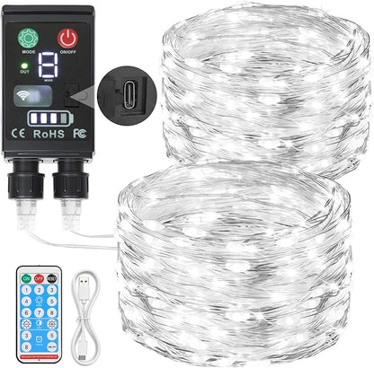 Lakumu 2-in-1 Rechargeable Fairy Lights Battery Operated, 132FT(2×66) Twinkle Lights with Remote & Timer, 400 LED String Lights for Bedroom Waterproof Outdoor Camping, Christmas Decorations Cool White