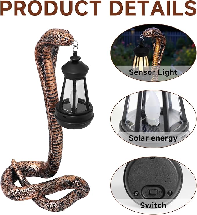 Solar Lantern Outdoor Snake Statues Garden Decoration, Yard Art Lawn Decor for Porch, Patio, Balcony, Housewarming Gifts for Birthday, Father's Day, Halloween (Brass Color)