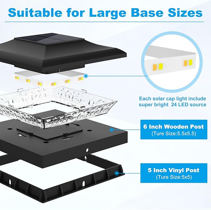 12 Pack Solar Post Cap Lights Outdoor, 2 Modes (Warm/White Light) Black Fence Post Solar Powered Lights Waterproof for 5x5, 5.5x5.5, 6x6 Wooden/Vinyl Posts Decorate Garden Deck Patio Porch