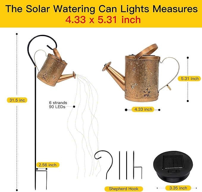 Ollny Solar Watering Can with Cascading Lights Outdoor Garden Decor, Birthday Gifts for Mom Grandma Women, IP65 Waterproof 2 Lighting Modes Hanging Lanterns for Yard Patio Lawn (Hummingbird)
