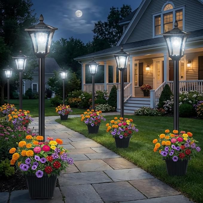 76" Solar Lamp Post Lights with Planter, Glass & Metal Street Light Outdoor Waterproof, 60 Lumens Dusk to Dawn Solar Pole Light for Garden, Yard, Driveway, Porch, Patio, Cool White