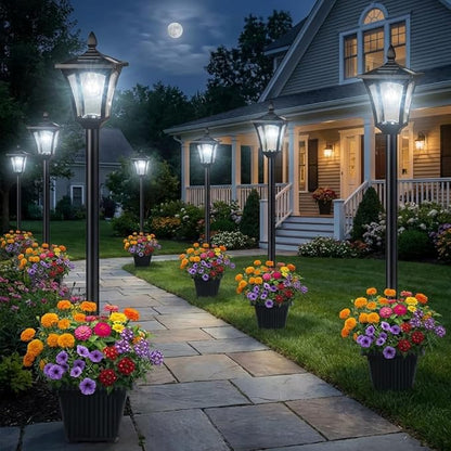 76" Solar Lamp Post Lights with Planter, Glass & Metal Street Light Outdoor Waterproof, 60 Lumens Dusk to Dawn Solar Pole Light for Garden, Yard, Driveway, Porch, Patio, Cool White