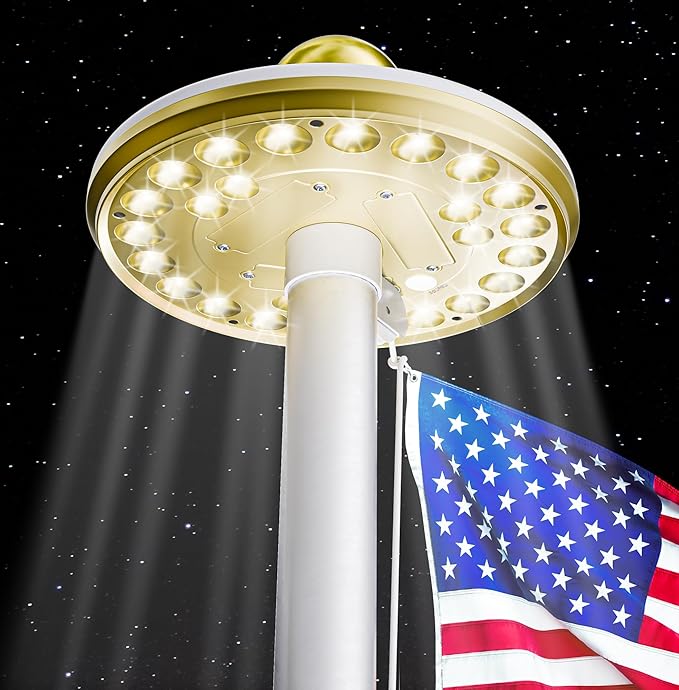 Deneve Deluxe Solar Powered Flagpole Lamp – Dusk to Dawn 12+ Hours, 26 LED, 1300 Lumen Outdoor Lighting for American Flag, Garden Decor, House Decor, 100% Coverage Gold Model
