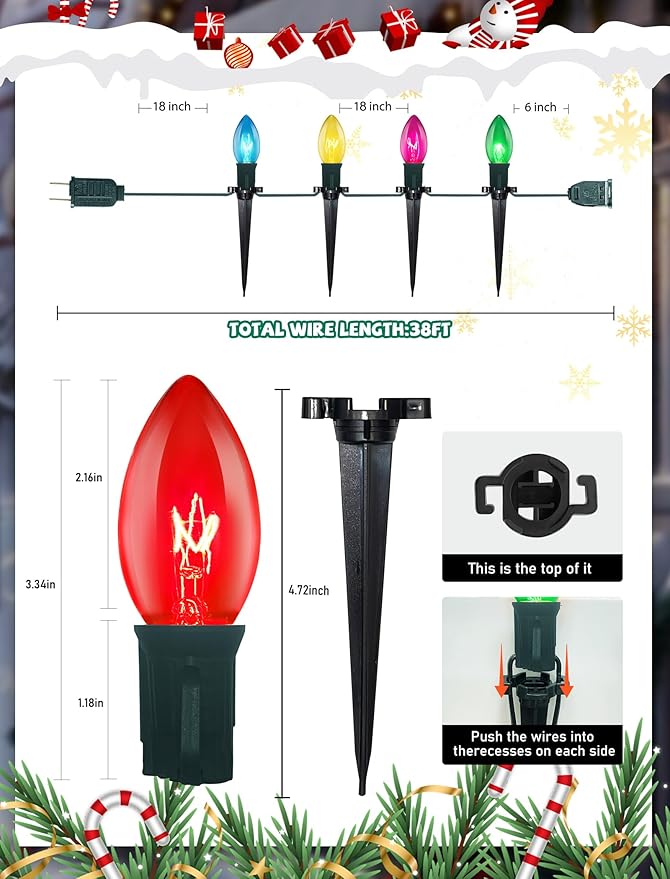 C9 Christmas Pathway Lights Outdoor, 38Ft Outdoor Christmas Decorations with 25 C9 Multicolor Bulbs Marker Stakes Light, Connectable Walkway Lights for Outside Yard Lawn Sidewalk Garden
