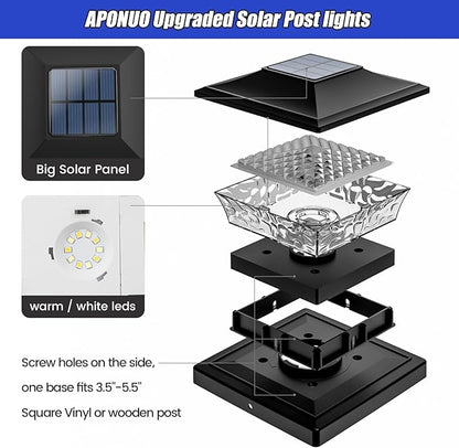 APONUO Solar Post Cap Lights 6 Pack for 4x4 5x5 6x6 Wood & Vinyl Fences - IP65 Waterproof, All-Night Auto On/Off, Warm/Cool White Light, Outdoor Deck Patio Garden (Black)