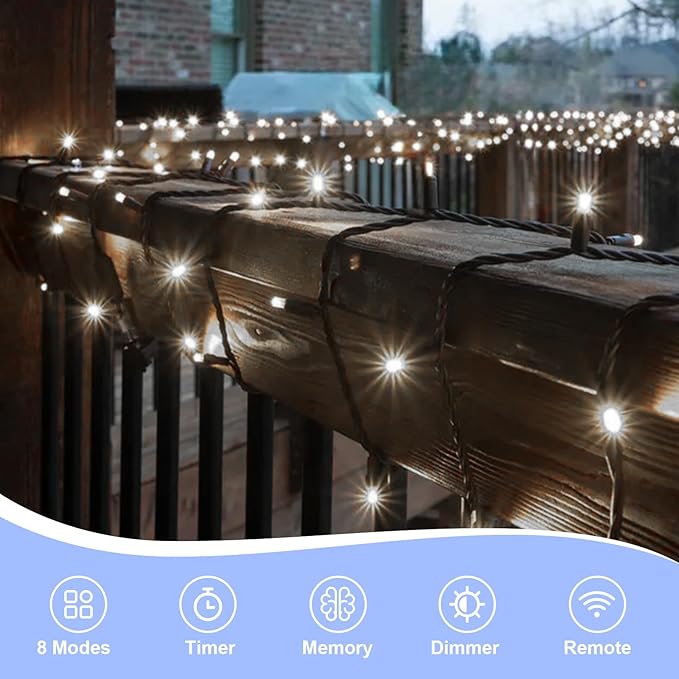 QITONG 2 Pack White Battery Operated String Lights, Each 33ft 100 LED Christmas Lights Outdoor with Remote, Green Wire Twinkle Lights Indoor