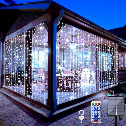 Solar Curtain Lights Outdoor Garden 300 LED Fairy String Lights 8 Modes Remote Control Waterproof Waterfall Lights for Gazebo Patio Home Festival Wedding Wall Christmas Decorations(White)
