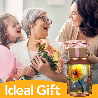 Dragonfly Solar Lanterns Outdoor Waterproof, Birthday Gifts for Women Mom Grandma , Metal Garden Decor Hanging Solar Lights Outside Decorative for Yard Patio Backyard Porch Decorations (Sunflower)