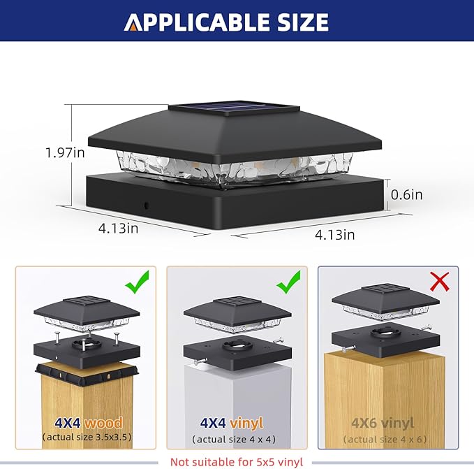 APONUO Solar Post Cap Lights for 4x4 Posts - IP64 Waterproof, 3000K LED, No-Wire Fence Lights & Deck Lights for Patio Garden Yard Patio, Black-Warm White, 12 Pack