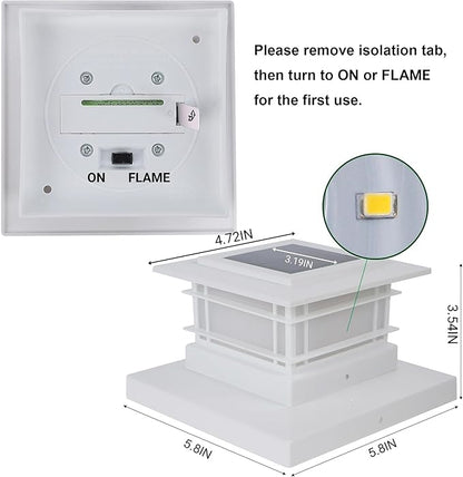 Dynaming 4 Pack Solar Post Cap Lights Outdoor with Flickering Flame Light, White Shell Fence Post Solar Lights Fit 4x4 5x5 Vinyl/Wooden Posts, Brightness LED Lighting Decor for Garden Deck Patio