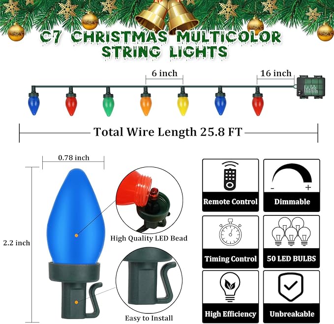C7 Vintage Christmas String Lights, 27.5FT Outdoor Christmas Tree String Lights with 50 Multicolor LED Bulbs, Christmas Party Decorations with 8 Fairy Lighting Patterns - Green Wire