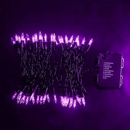 MULTI-SPARKING Battery Operated Halloween Lights - 50 LED Purple Mini String Lights for Small Tree, Wreath, Crafts, Indoor/Outdoor Halloween Decor, 8 Modes & Memory Function, 18.3 Feet Black Wire