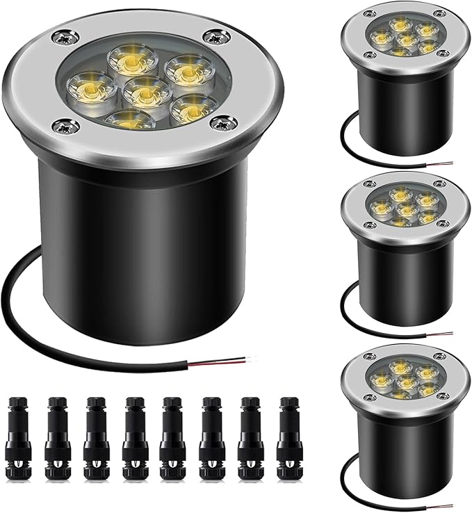 Low Voltage Landscape Light Outdoor In-Ground Well Lights with Connectors 6W 12V-24V IP67 Waterproof LED Landscape Lighting for Paver, Pathway Light Driveway Garden Lights (Warm White)