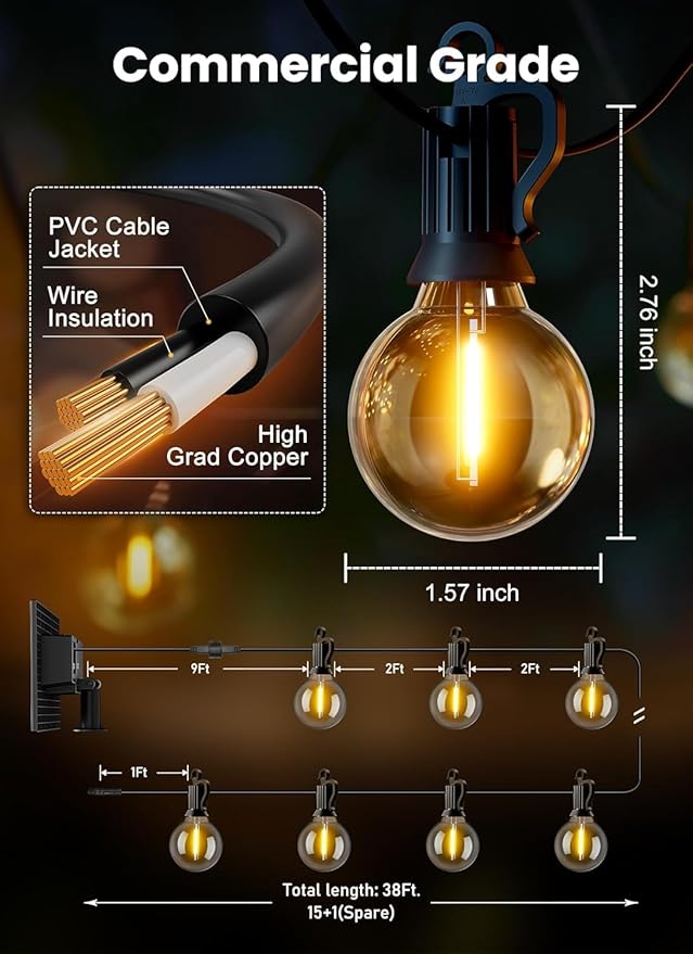 Brightown 38ft Solar String Lights, 16 Shatterproof LED Bulbs with USB Charging, Outdoor Patio & Cafe Lights