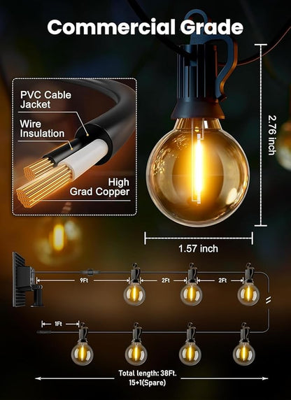 Brightown 38ft Solar String Lights, 16 Shatterproof LED Bulbs with USB Charging, Outdoor Patio & Cafe Lights