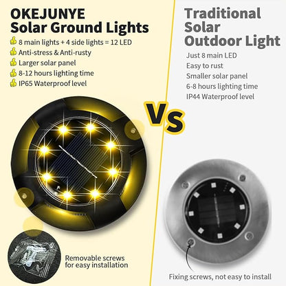 Solar Ground Lights Outdoor Waterproof, 8 Pack 12 LEDs Solar Garden Disk Lights Landscape Lighting for Outside Pathway Deck Yard Patio Lawn Driveway Walkway Deco (Warm Lights)