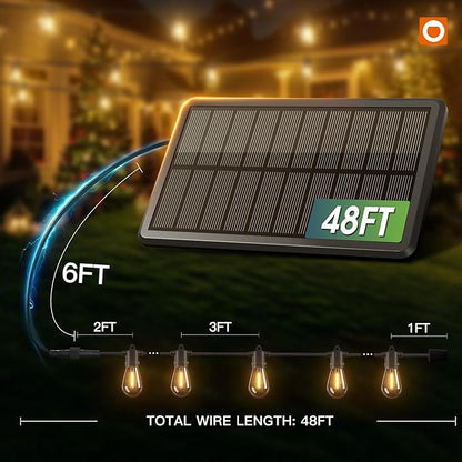 addlon 54FT(48+6) Solar String Lights Outdoor Waterproof with USB Charging & Remote Control - Dimmable Solar Power Patio Lights with LED Bulbs for Porch, Garden, Yard, Market, Bistro - Last for 20+Hrs