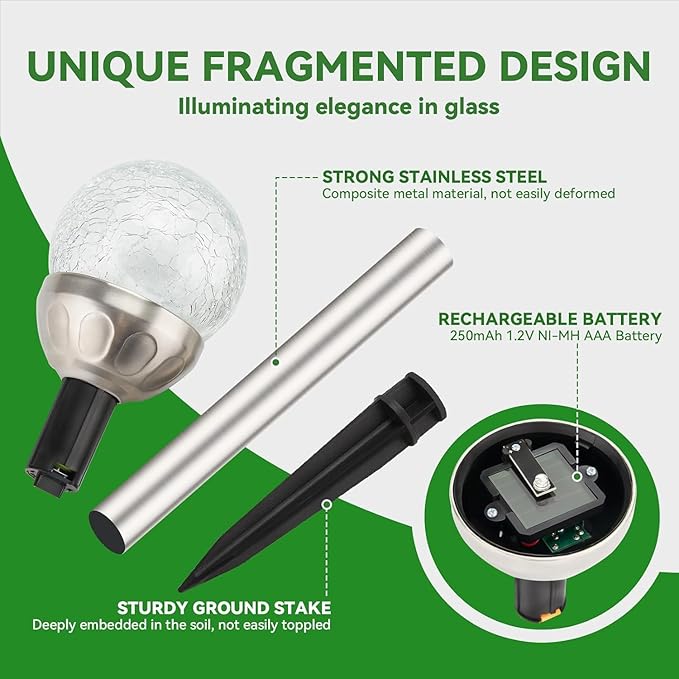 Solar Lights Outdoor, 6 Pack LED Color Changing, Stainless Steel, IP66 Waterproof, Crystal Cracked Glass Solar Garden Lights, Christmas Lights Outdoor for Landscape, Yard, Walkway, Pathway, Multicolor