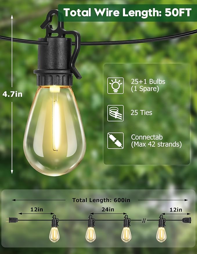 50ft Outdoor Edison String Lights, Weatherproof