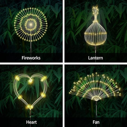 Solar Outdoor Warm White Garden Lights, 4 Pack Firework With 120 LED Starburst String 8 Modes Fairy With Remote, for Wedding Christmas, Lawn Backyard Party Patio Decoration