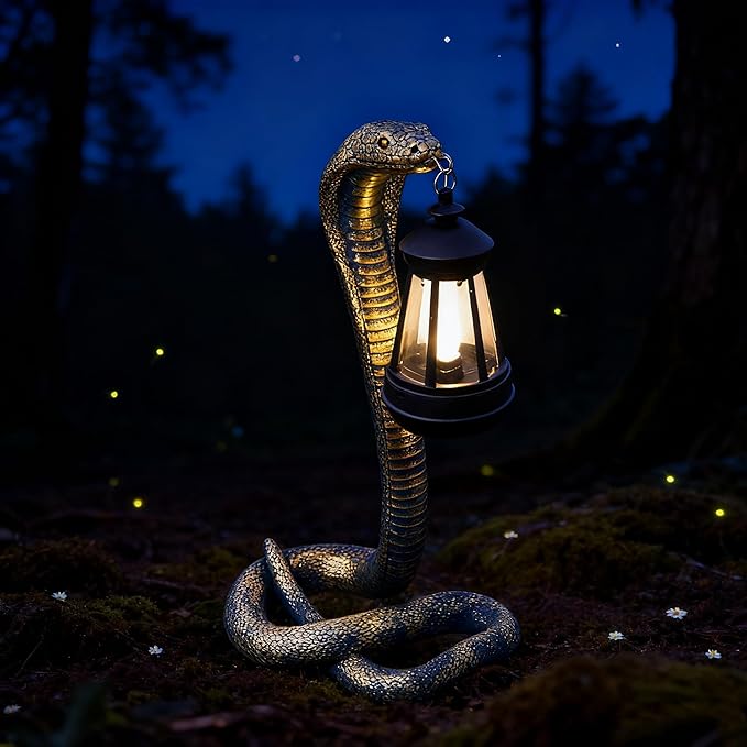 Solar Garden Outdoor Statues Snake with Solar Lights Outdoor Chrismtas Decorations - Lawn Decor Snake Statue for Patio, Balcony, Yard Ornament - Unique Housewarming Gifts（11.22" Brass Color