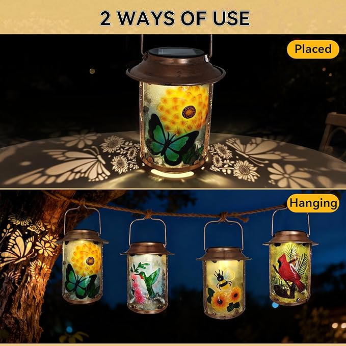 10" H Sunflower Butterfly Solar Lanterns Outdoor, Metal Glass Hanging Solar Lanterns with Hollow Out Retro Sunflower Lights, Decorative for Garden Yard Patio Pathway Tabletop Gifts