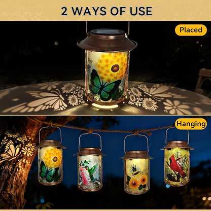 10" H Sunflower Butterfly Solar Lanterns Outdoor, Metal Glass Hanging Solar Lanterns with Hollow Out Retro Sunflower Lights, Decorative for Garden Yard Patio Pathway Tabletop Gifts