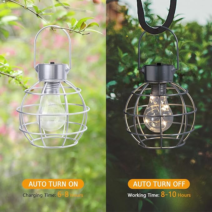 2 Pack Solar Lanterns Outdoor Hanging Lights, Metal Solar Lantern Outdoor Waterproof Auto On/Off Solar Light for Patio Backyard Pathway Porch, Silver
