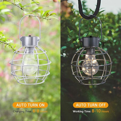 2 Pack Solar Lanterns Outdoor Hanging Lights, Metal Solar Lantern Outdoor Waterproof Auto On/Off Solar Light for Patio Backyard Pathway Porch, Silver