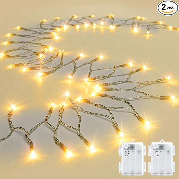 String Lights Outdoor Waterproof 9.8ft 30 LED, Warm White Fairy Lights Battery Operated（Not Included） with Timer Clear Wire for Indoor & Outdoor Decorations Garland 2 Packs