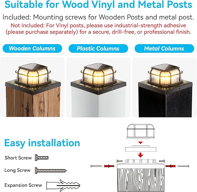 Solar Post Light 6 Packs with 4x4, 5x5 and 6x6 Inches Base for Vinyl/Wooden Posts, Bright 16 LEDs Solar Cap Lights with Two Light Modes for Decorating Deck, Patio, Porch, Fence (Black)
