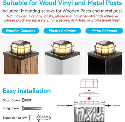 Solar Post Light 4 Packs with Two Light Modes, Includes 4x4, 5x5 and 6x6 Base for Vinyl/Wooden Posts, Bright 16 LEDs Cap Lights Decorate Deck, Patio, Porch, Fence (Black)