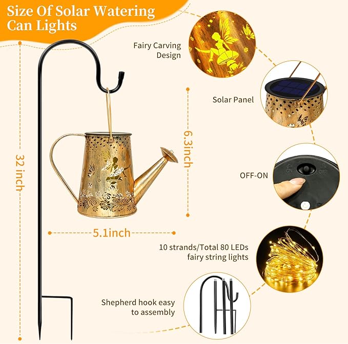 YJFWAL Solar Watering can with Lights, Unique Gifts for Mom Grandma Women Birthday, Waterproof Gardening Gifts Watering Can with Cascading Lights Outdoor Decor for Garden Patio Yard Pathway Backyard
