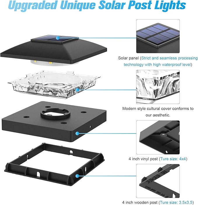 VOLISUN 4x4 Solar Post Cap Light 6pack,Solar Fence - Post Lights Outdoor Waterproof for Wooden/Vinyl Post,Black Deck Post Cap Light Solar Powered with Warm White for Garden/Patio/Porch