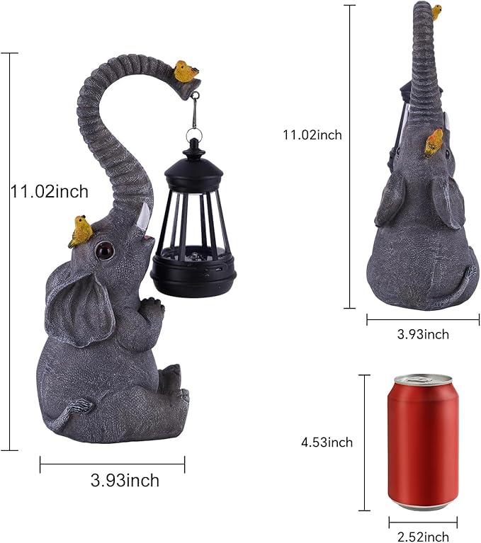 ILLUMINEW Solar Outdoor Garden Decor Elephant Statues Lights, Lucky Elephant Unique Mom Birthday Gifts for Mom, Housewarming Gifts and Yard Decoration, Cute Birds Garden Sculpture Decor