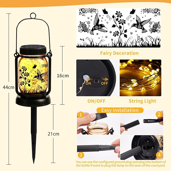 Hummingbird Solar Lanterns Outdoor Waterproof Hanging Solar Lantern Lights Glass Mason Jar Garden Decor 3 in 1 Hummingbird/Cat/Dog for Mom Grandma Sister Birthday, 1*Lanterns & 3*Patterns