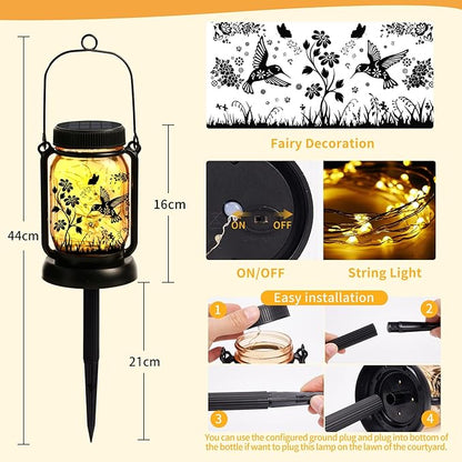 Hummingbird Solar Lanterns Outdoor Waterproof Hanging Solar Lantern Lights Glass Mason Jar Garden Decor 3 in 1 Hummingbird/Cat/Dog for Mom Grandma Sister Birthday, 1*Lanterns & 3*Patterns